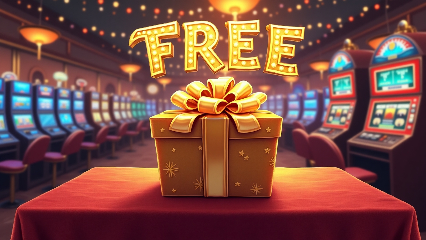 StoneVegas No Deposit Bonus banner with an animated gift and a sign "FREE" above it