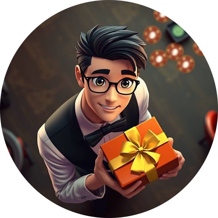 Icon with an animated character in a black suit holding a gift