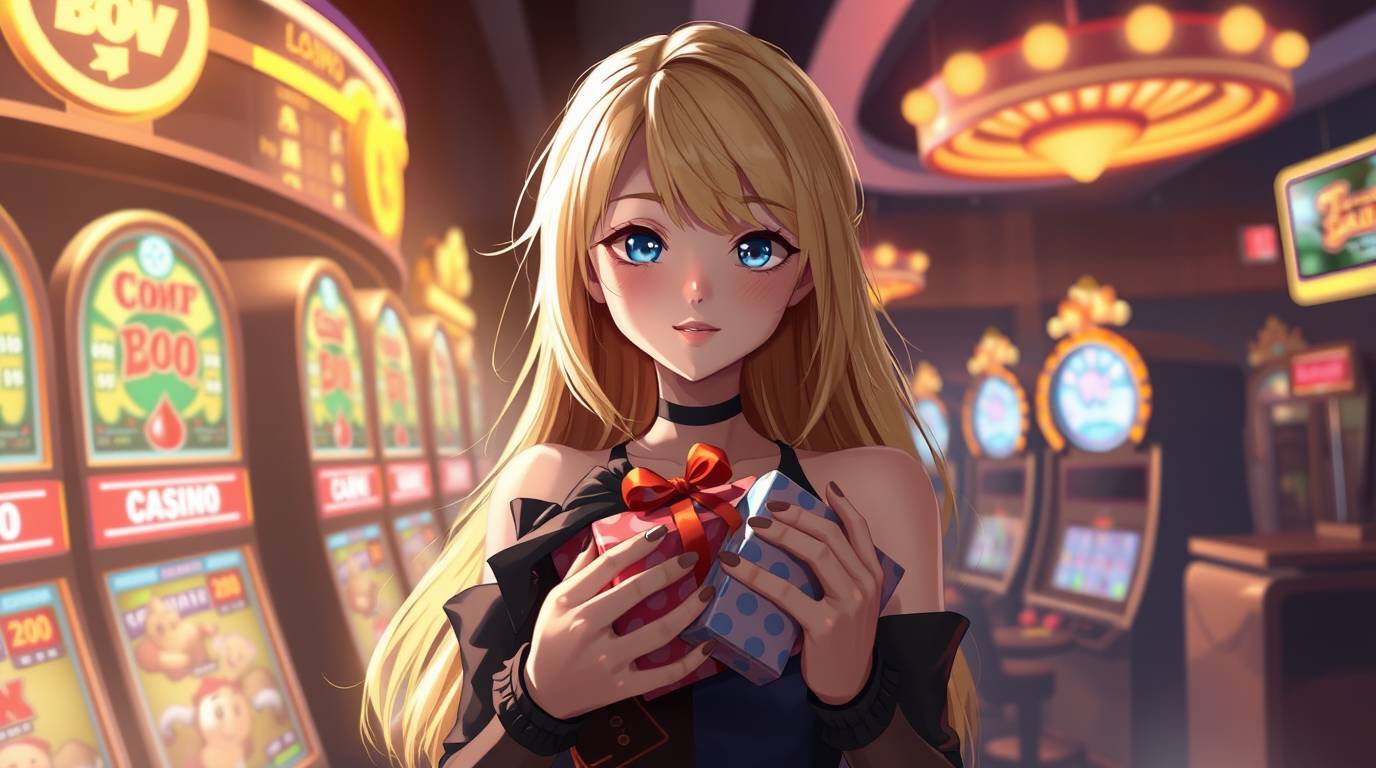 StoneVegas Welcome Bonus banner with an animated girl holding presents