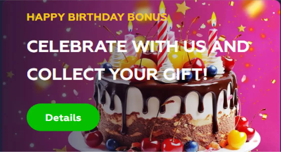 Playfina birthday bonus banner with a cake