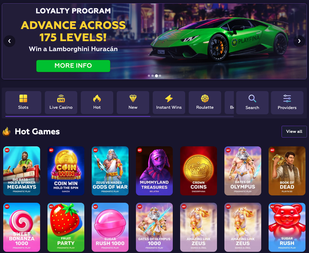 Playfina Casino promotions and top slots