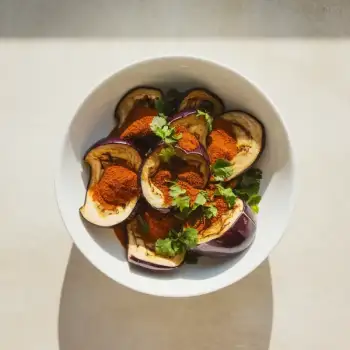 Roasted Eggplant with Garam Masala and Cilantro Chutney