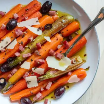 Caramelized Carrots with Pancetta, Olives, and Crispy Parmesan