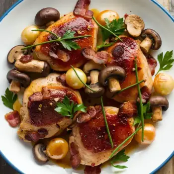 Red Wine Chicken with Mushrooms and Bacon