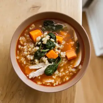 Spicy Chicken Barley Soup with Sweet Potatoes and Spinach