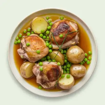Asturian Chicken Thighs Simmered in Hard Cider with Potatoes and Peas