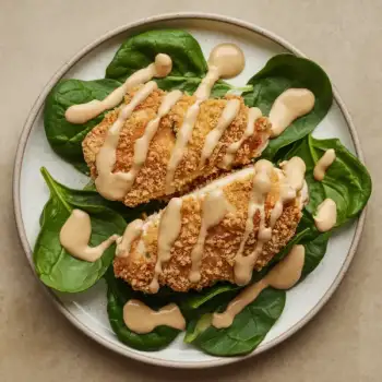 Crispy Lemon-Panko Chicken with Green Onion Tahini Sauce over Spinach