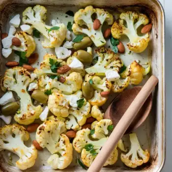 Roasted Cauliflower Medley with Feta, Almonds, and Olives