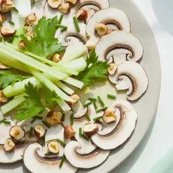 Button Mushroom Carpaccio with Celery & Hazelnuts