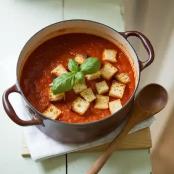 Smoky Marinara Soup with Garlic Bread Croutons