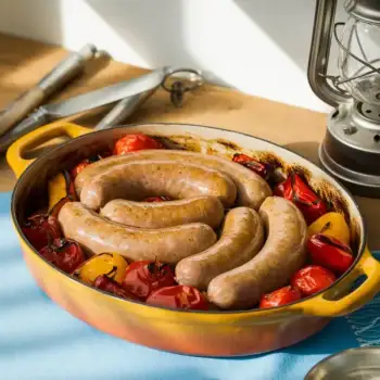 Sheet-Pan Sausage With Peppers and Tomatoes
