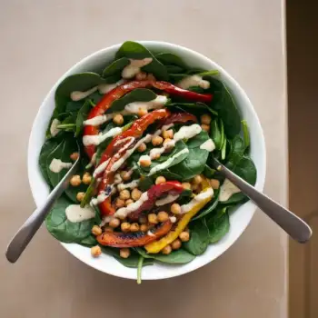 Roasted Pepper and Spinach Salad with Creamy Dill Dressing and Spiced Chickpeas