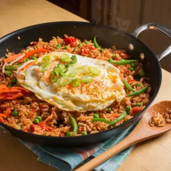Crispy Kimchi Fried Rice with Scrambled Eggs and Scallions