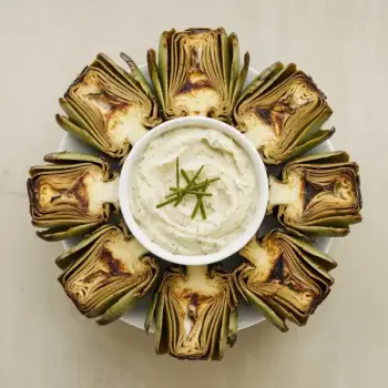 Char-Grilled Artichokes with Creamy Parmesan Artichoke Dip