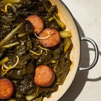 Sauteed Collard Greens with Andouille Sausage, Garlic, and Beer