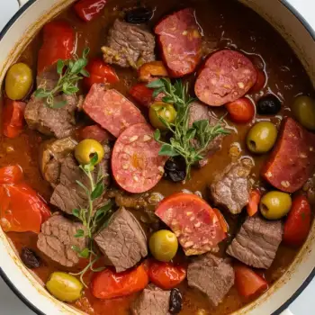 Hearty Beef and Chorizo Stew with Olives and Raisins