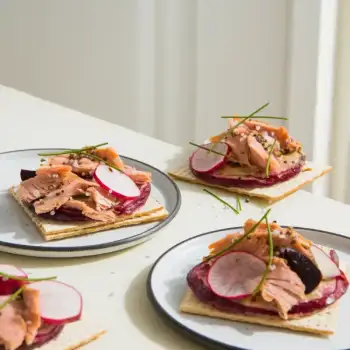 Smoked Trout, Beet & Radish Matzo Tartines