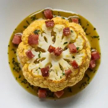 Crispy Cauliflower with Pancetta, Olive Dressing, and Parmesan Crust