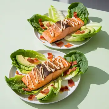 Seared Salmon and Romaine Hearts with Avocado Caesar Dressing