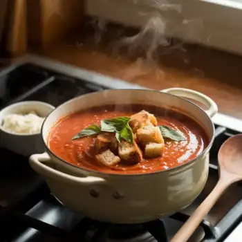 Smoky Marinara Soup with Garlic Bread Croutons