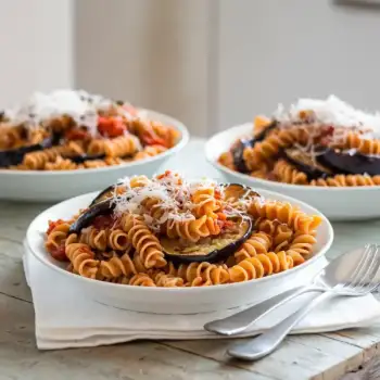 Eggplant and Ricotta Salata Fusilli in Tomato Basil Sauce