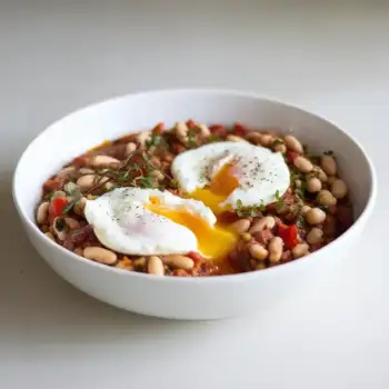 Poached Eggs with White Bean–Tomato Ragout
