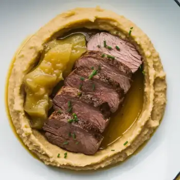 Basque-Style Roasted Venison with Chestnut Mash and Spiced Pear Compote