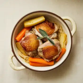 Braised Chicken Thighs with Sweet Parsnips and Carrots over Egg Noodles