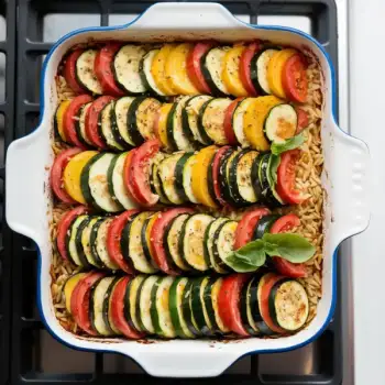 Mediterranean Orzo and Summer Vegetable Bake