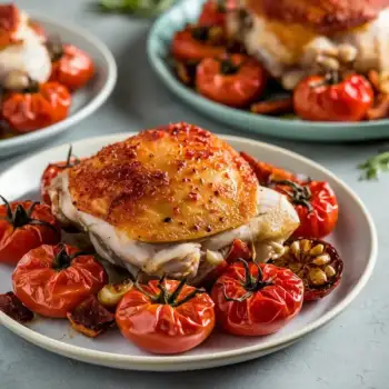 Roasted Chicken Thighs with Blistered Cherry Tomatoes and Crisp Pancetta