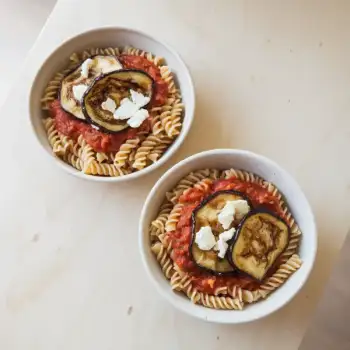 Eggplant and Ricotta Salata Fusilli in Tomato Basil Sauce
