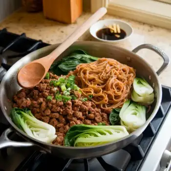 Ginger Sesame Pork with Bok Choy and Rice Noodles