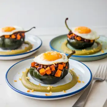 Slow-Roasted Poblanos with Sweet Potato and Pepita Crema