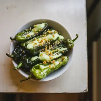 Shishito Peppers with Lime Crema and Garlic