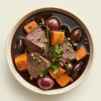 Burgundy-Style Beef Stew with Mushrooms and Pearl Onions