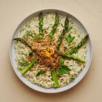 Lemon-Herb Orzo with Asparagus and Crispy Garlic Breadcrumbs