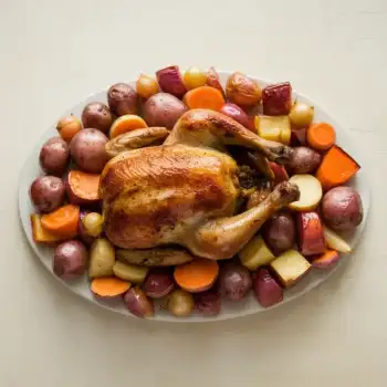 Savory Brined Roast Chicken with Glazed Root Medley