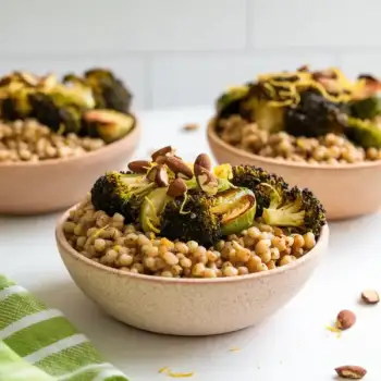 Roasted Broccoli and Brussels Sprouts Grain Bowl with Nutritional Yeast Dressing