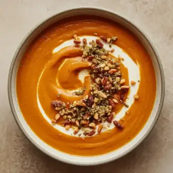 Carrot Ginger Harissa Soup with Toasted Pine Nut Gremolata