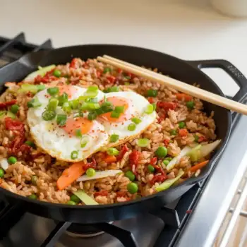 Crispy Kimchi Fried Rice with Scrambled Eggs and Scallions