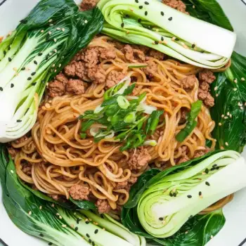 Ginger Sesame Pork with Bok Choy and Rice Noodles