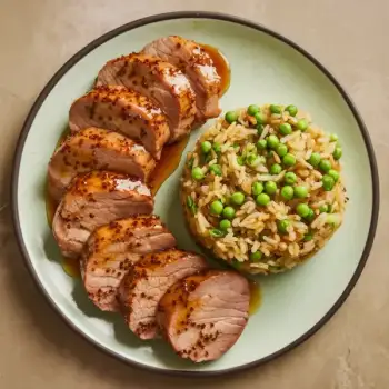 Honey Glazed Five-Spice Pork Medallions with Pea Fried Rice