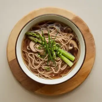 Miso Soup with Shiitake Mushrooms, Soba Noodles, and Asparagus