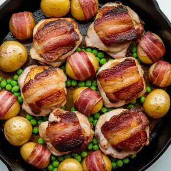 Crispy Skillet Chicken with Bacon-Infused Potatoes and Peas