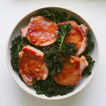 Kimchi Pork Chops with Kale