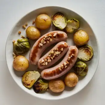 Honey Mustard Glazed Sausages with Roasted Brussels Sprouts and Potatoes