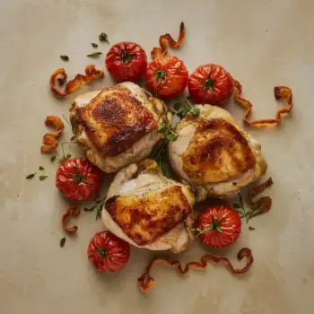 Roasted Chicken Thighs with Blistered Cherry Tomatoes and Crisp Pancetta