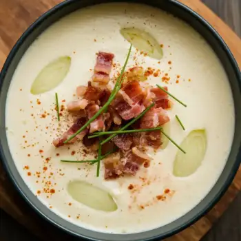 Creamy Potato and Leek Soup with Crispy Bacon Bits