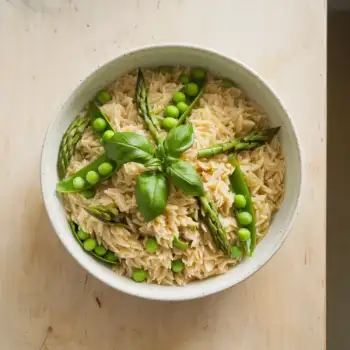 One-Pot Orzo with Snap Peas, Asparagus, and Basil
