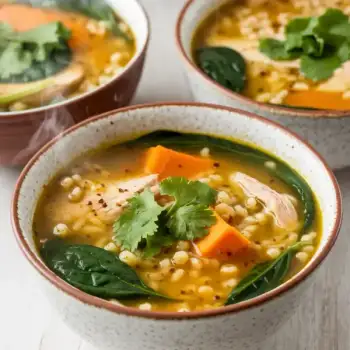 Spicy Chicken Barley Soup with Sweet Potatoes and Spinach